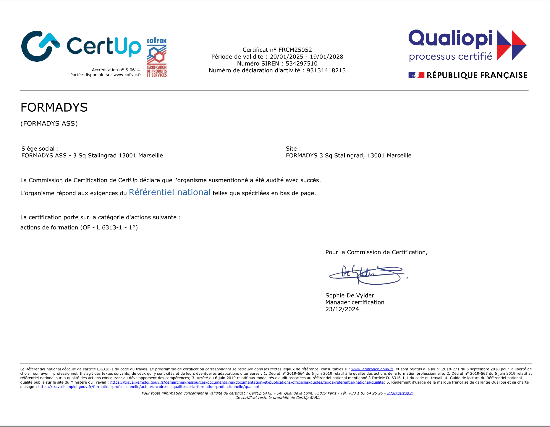 Certificat Qualiopi Décembre 2024